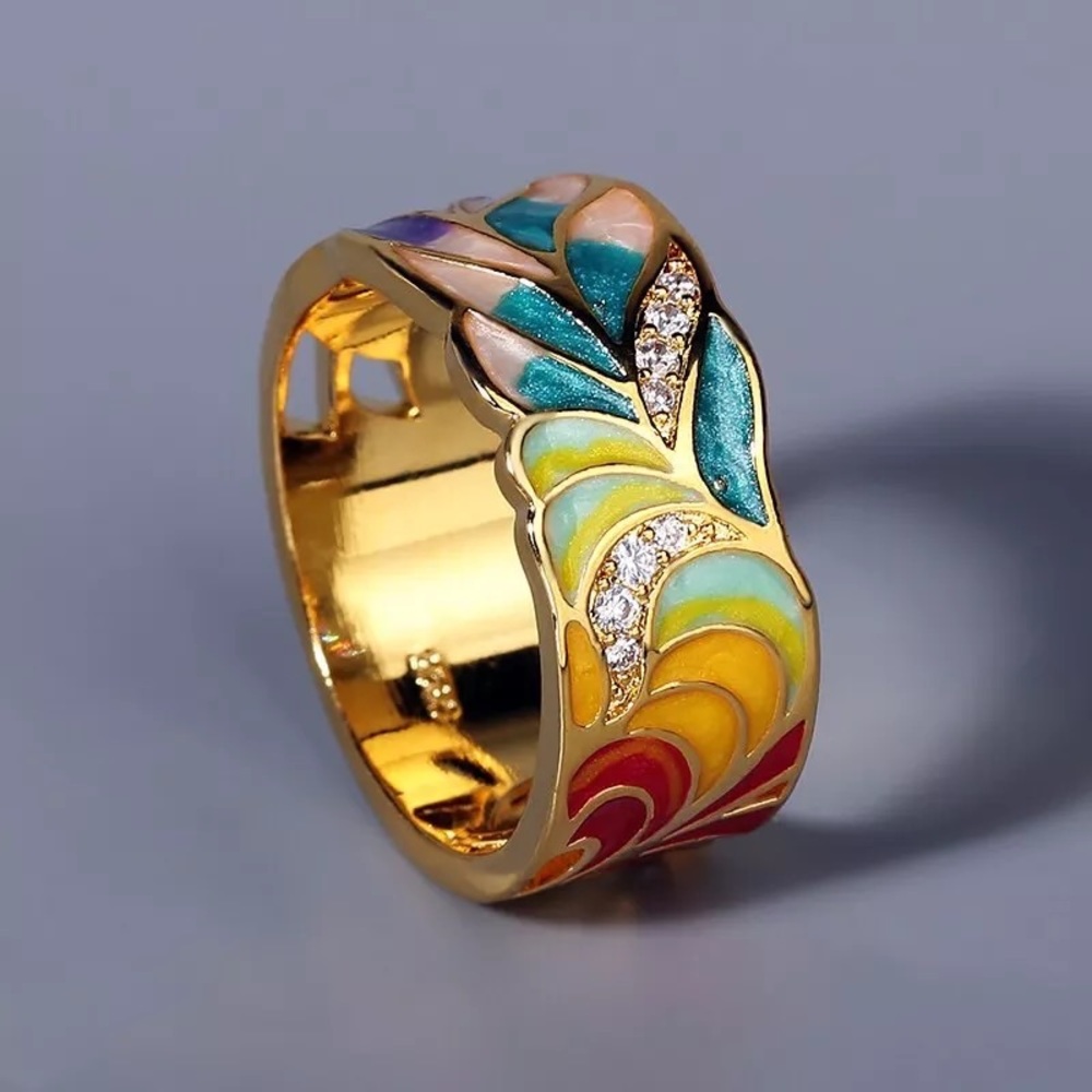 Anthro Silver Gold Ornament Boho Enamel Cats Wide Ring Jewelry Dopamine - Picture 9 of 13